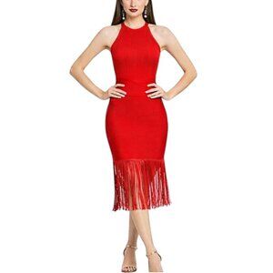 Women's Red Hot Halter Fringe Hem Bodycon Fit Bandage Dress with Wrap Waist - M